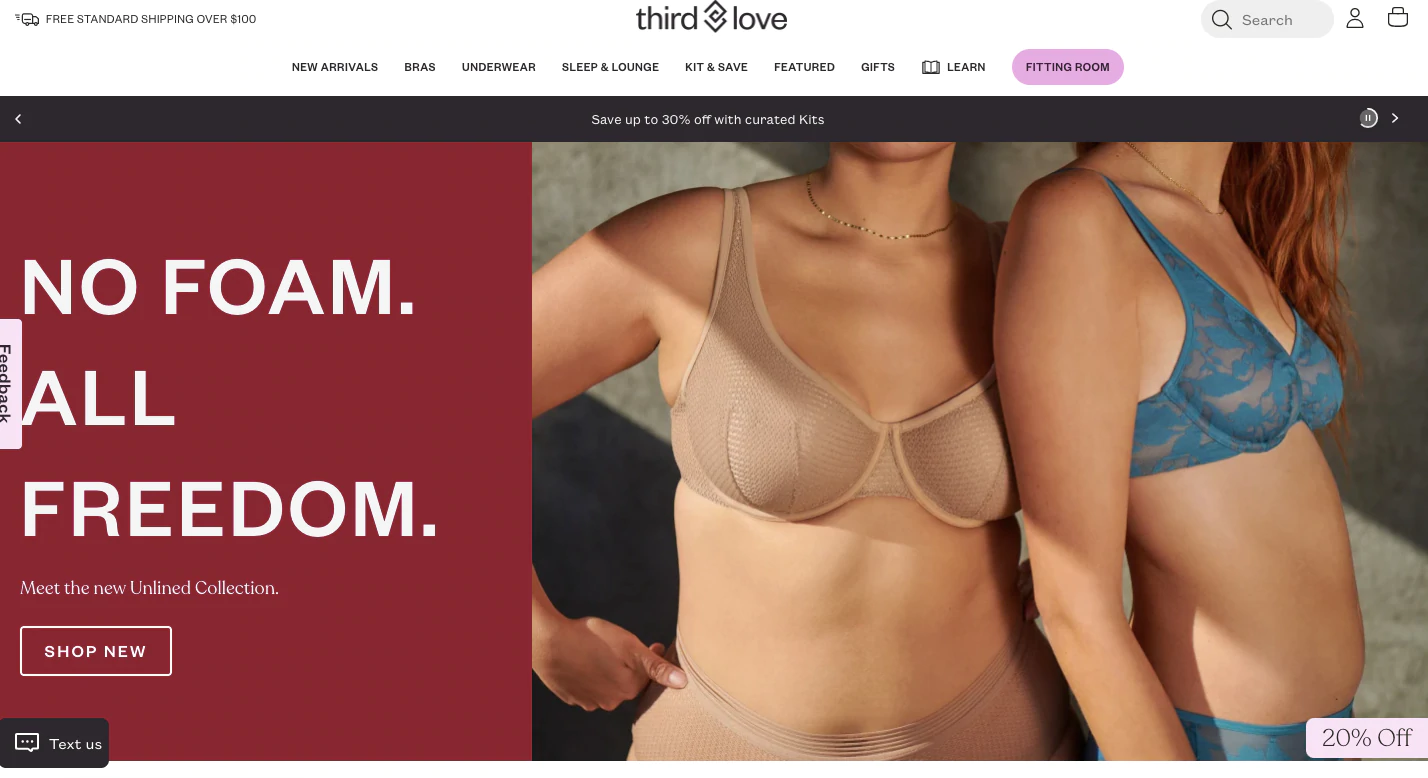 ThirdLoveのウェブサイトは全体を通して写真転送アプローチを使用しています