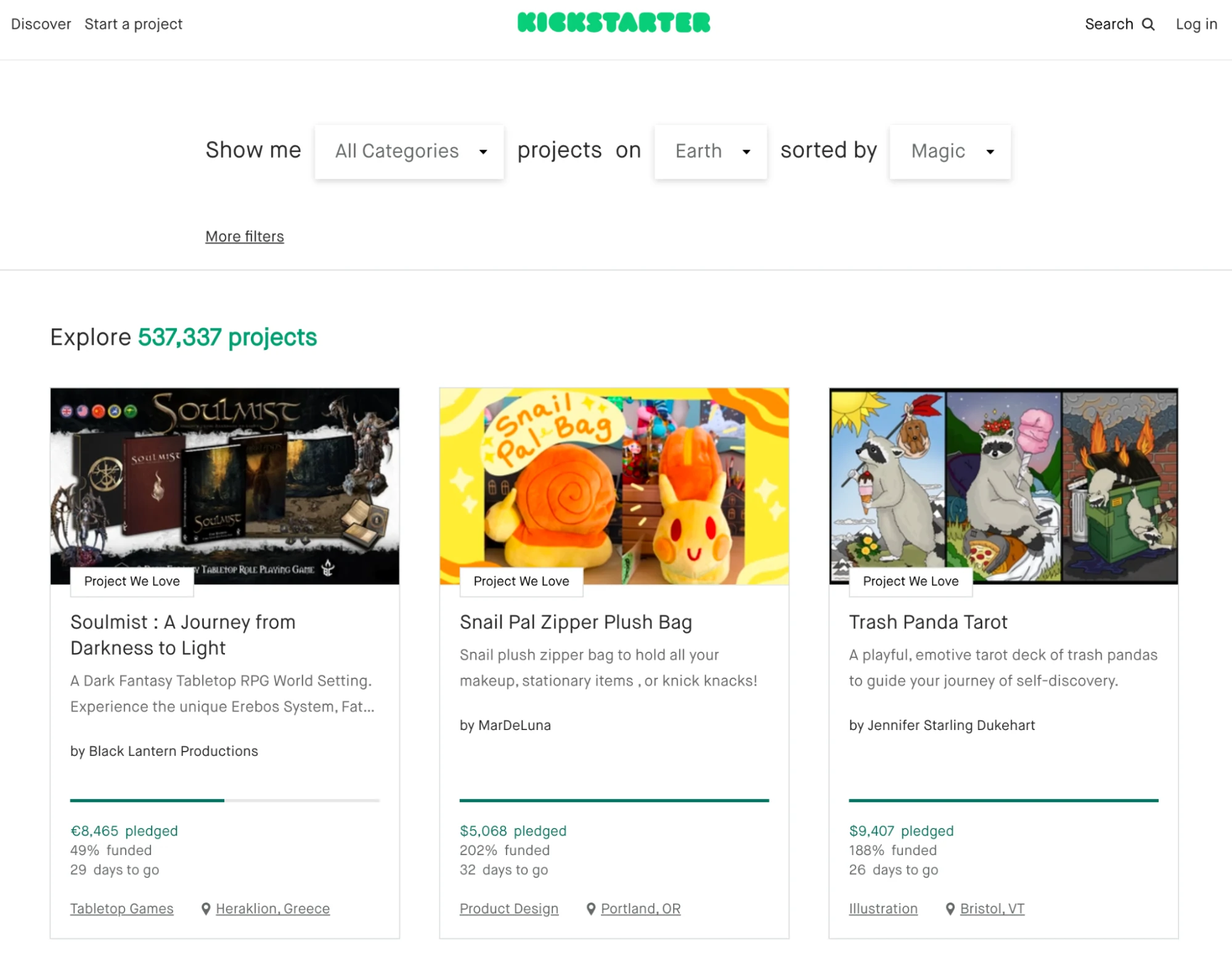 หน้าแรกของ kickstarter