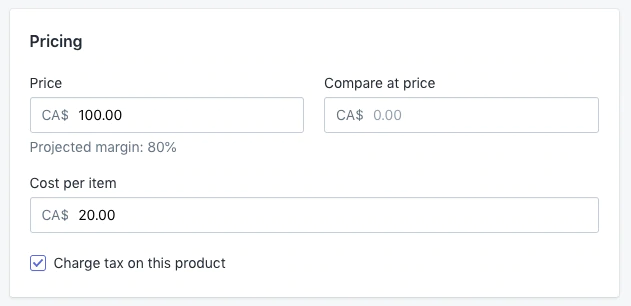 novo custo por item no campo de preços de produtos shopify