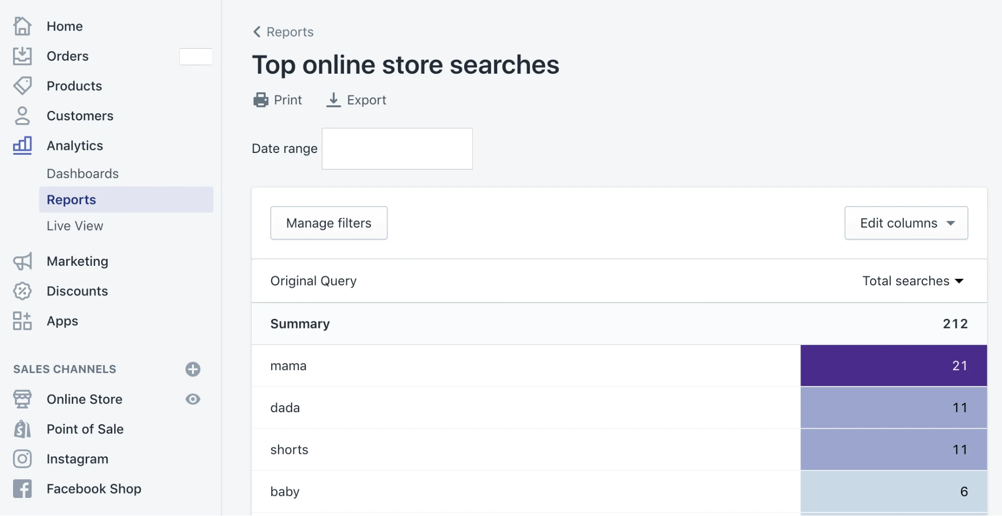 le rapport de recherche dans shopify