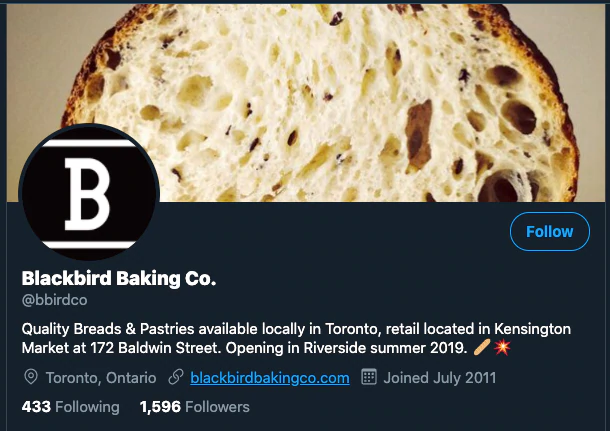 Capture d'écran du profil Twitter de Blackbird Bakery