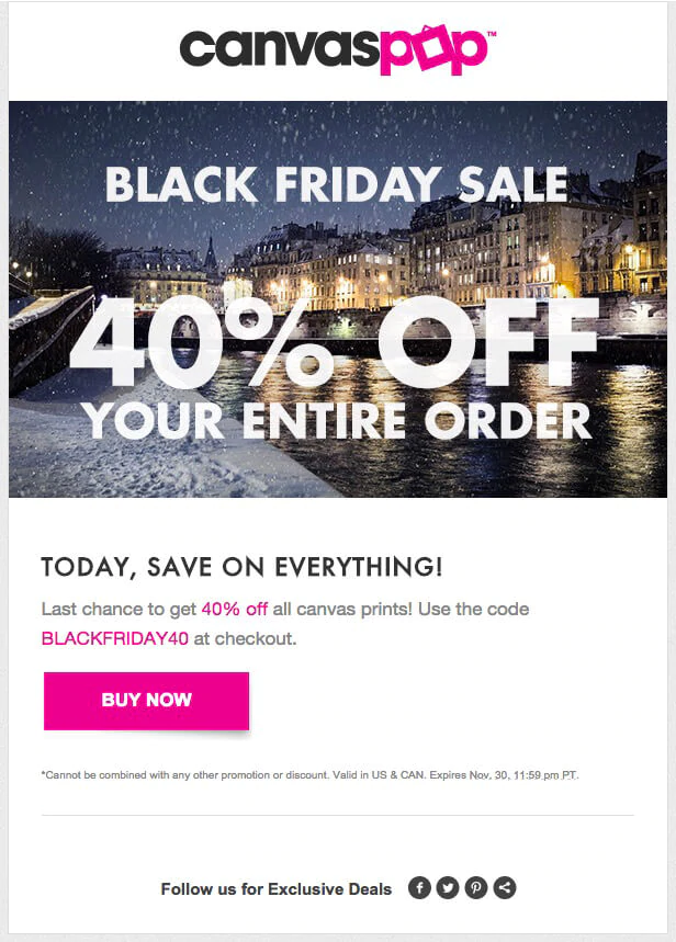 CanvasPop simple Black Friday announcement email