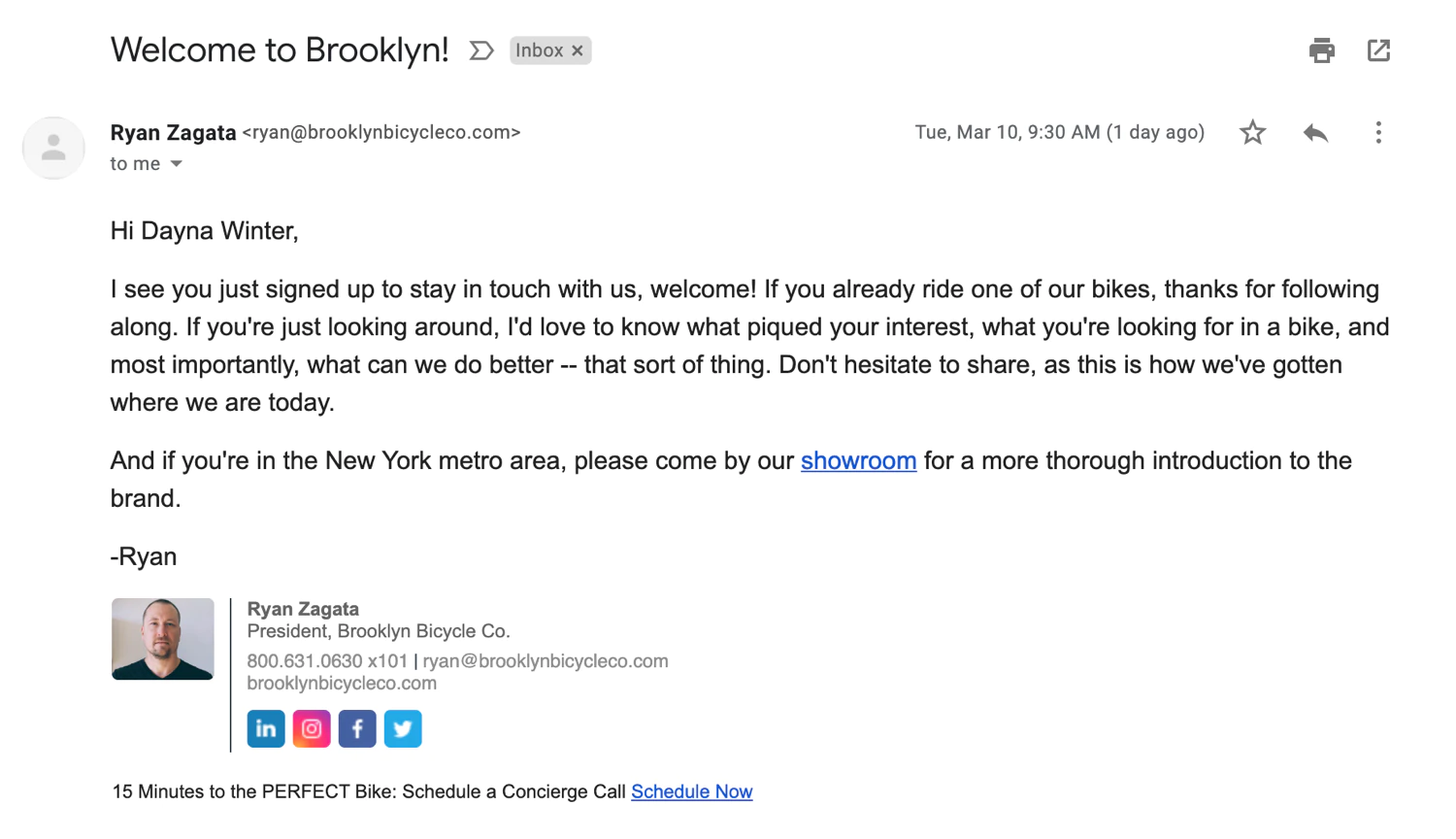 بريد إلكتروني شخصي من Brooklyn Bicycle