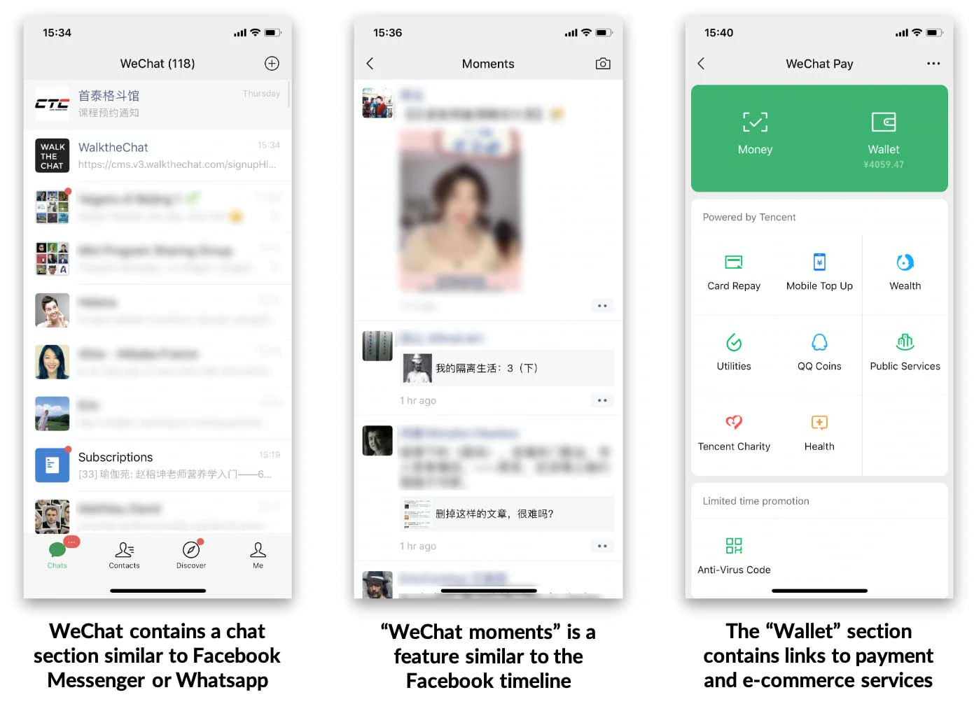 chat wechat, moments et portefeuille