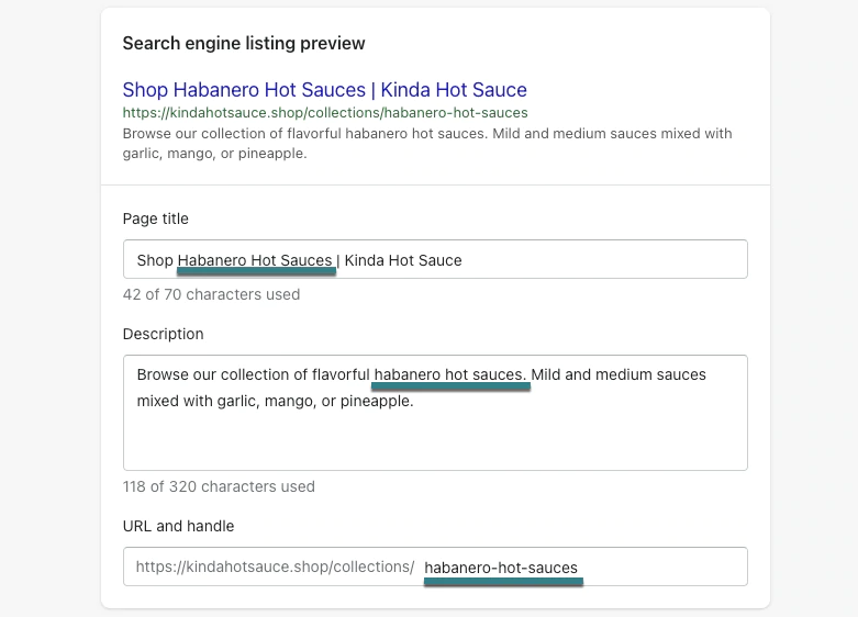 Exemple de référencement sur Shopify lors de l'inclusion de mots-clés dans le titre, la description et l'URL de la page