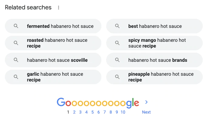 Exemple des huit requêtes pré-remplies qui s'affichent lors de la saisie de "sauce piquante haberno" au bas d'un SERP Google