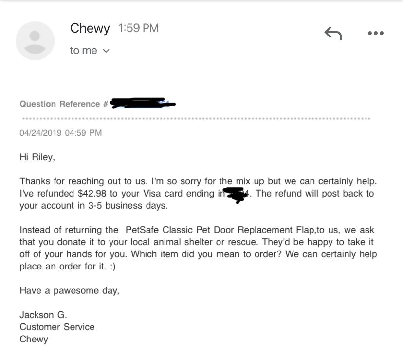 Exemple de l'excellent e-mail du service client de Chewy qui a ravi le client qu'il a emmené sur Reddit pour le partager avec d'autres