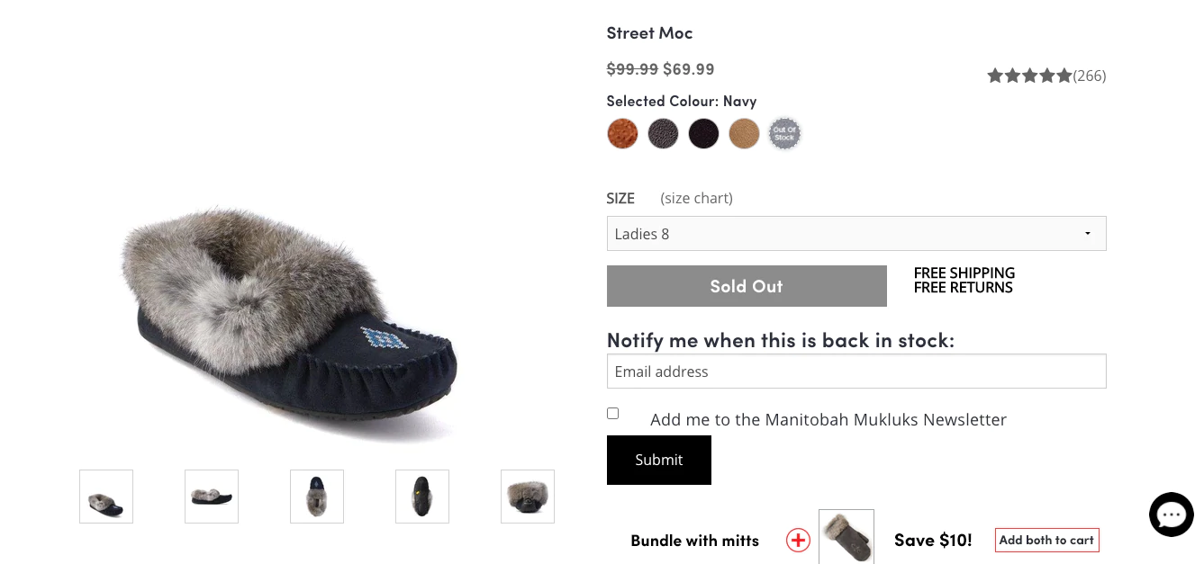 Página do produto para Manitobah Mukluks que permite que os compradores se inscrevam para serem notificados quando o produto estiver de volta ao estoque