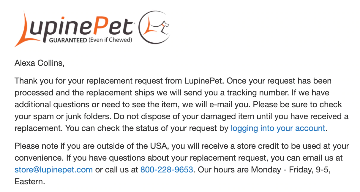 Captura de tela de um e-mail de suporte do Lupin Pet