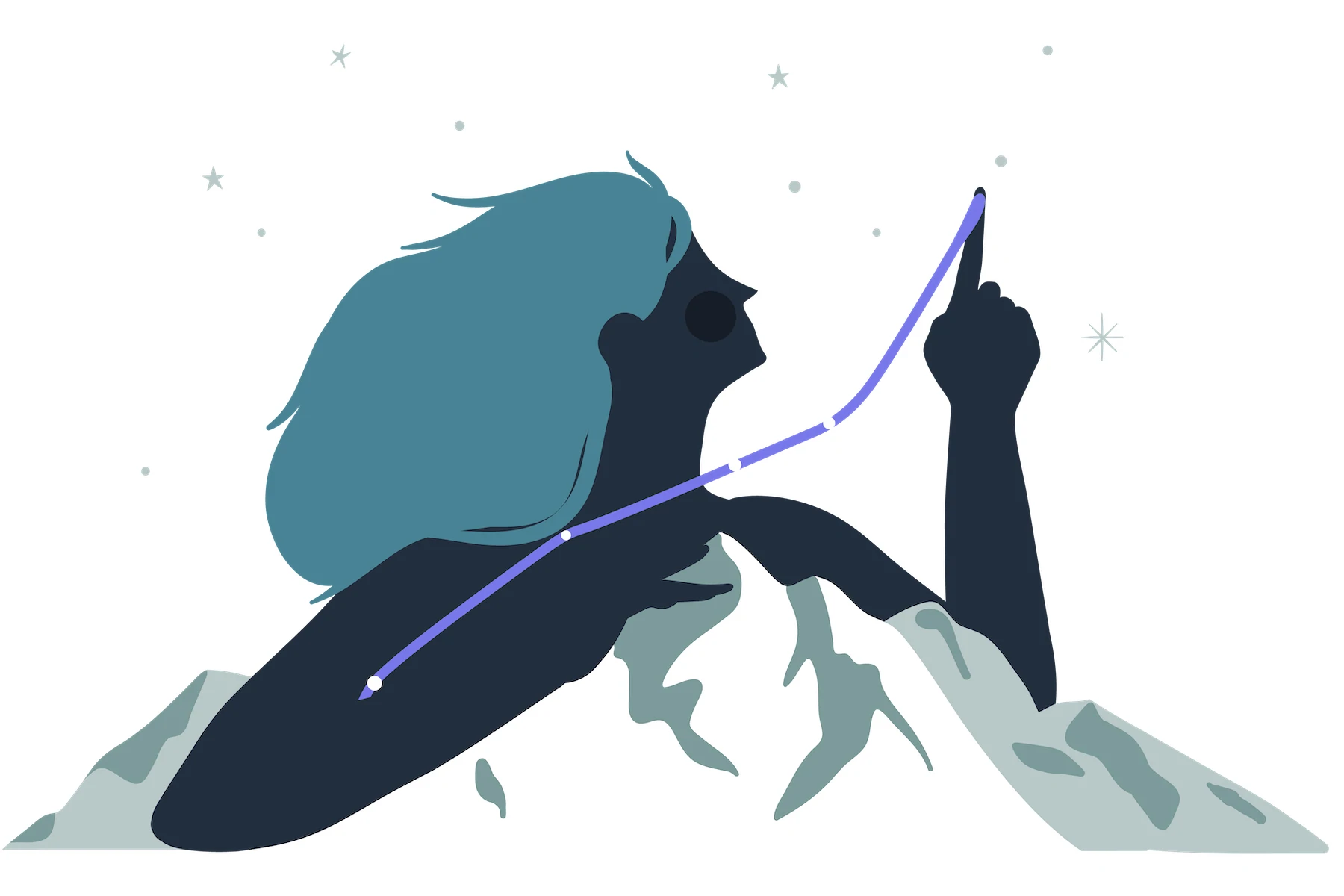 Illustration d'Alice Mollon représentant L'Alpiniste : femme appuyée sur une montagne peignant des constellations avec ses doigts