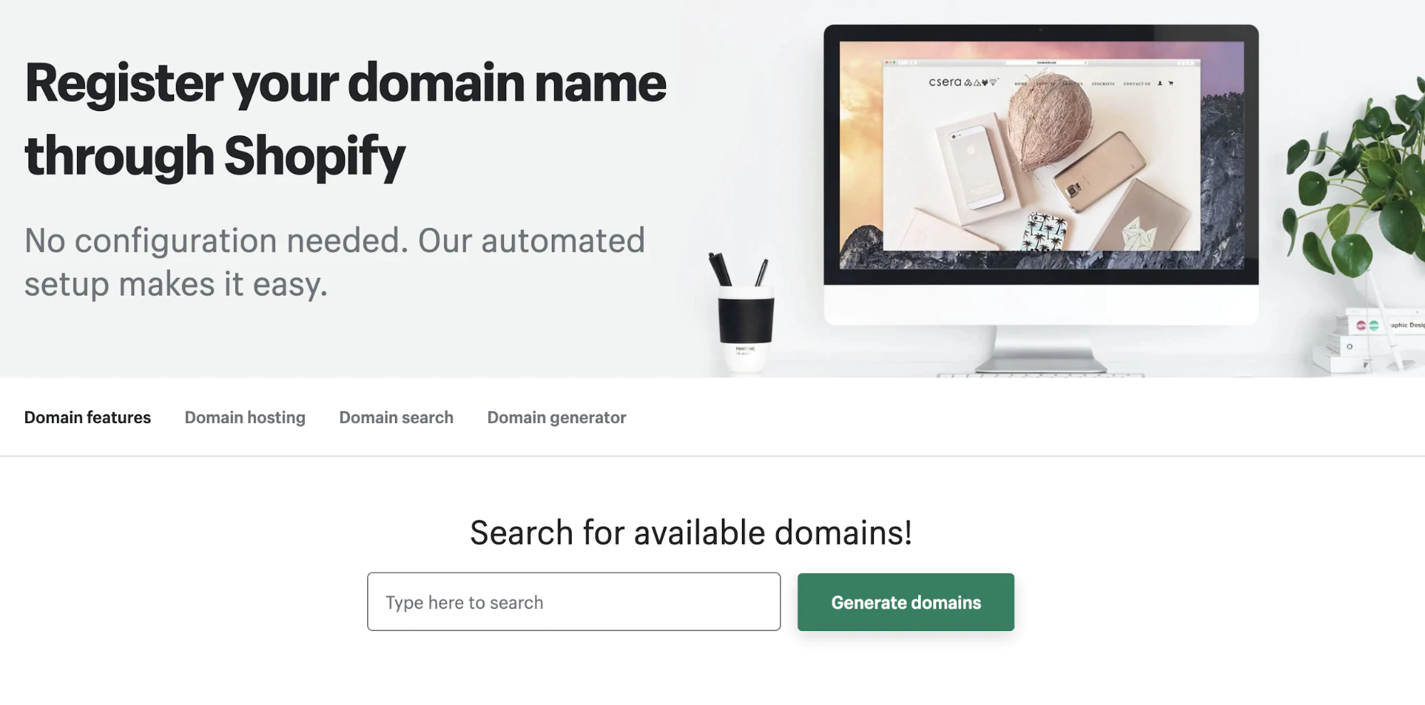 Captura de tela da ferramenta de registro de domínio da Shopify