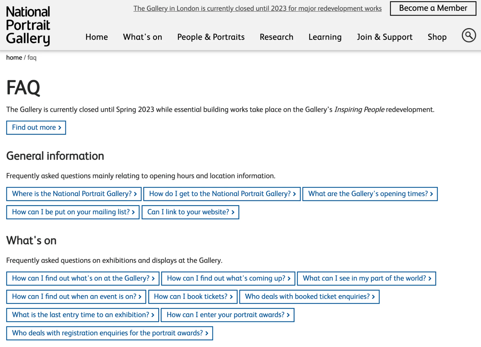 Página de perguntas frequentes da National Portrait Gallery
