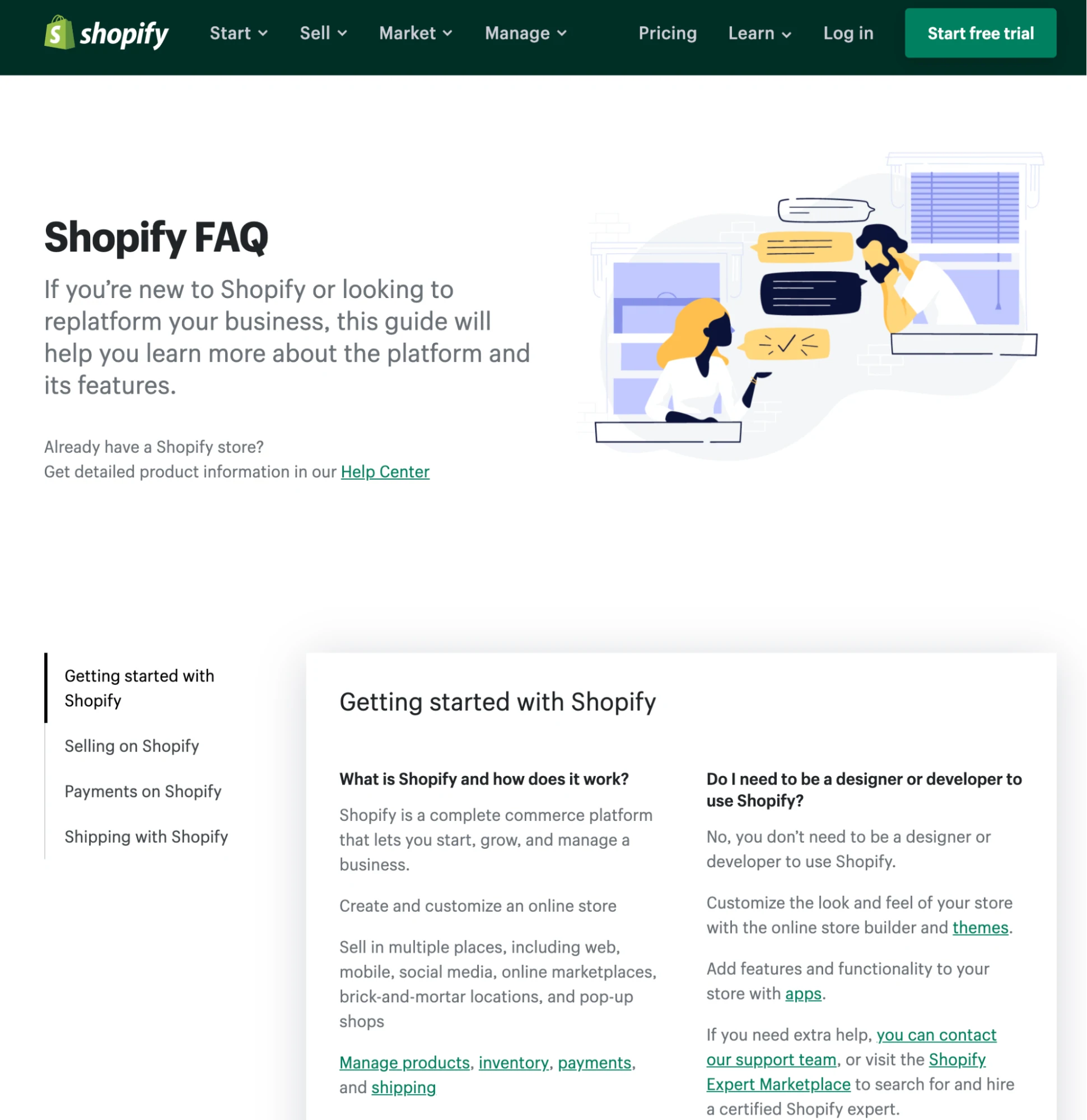 Página de perguntas frequentes da Shopify