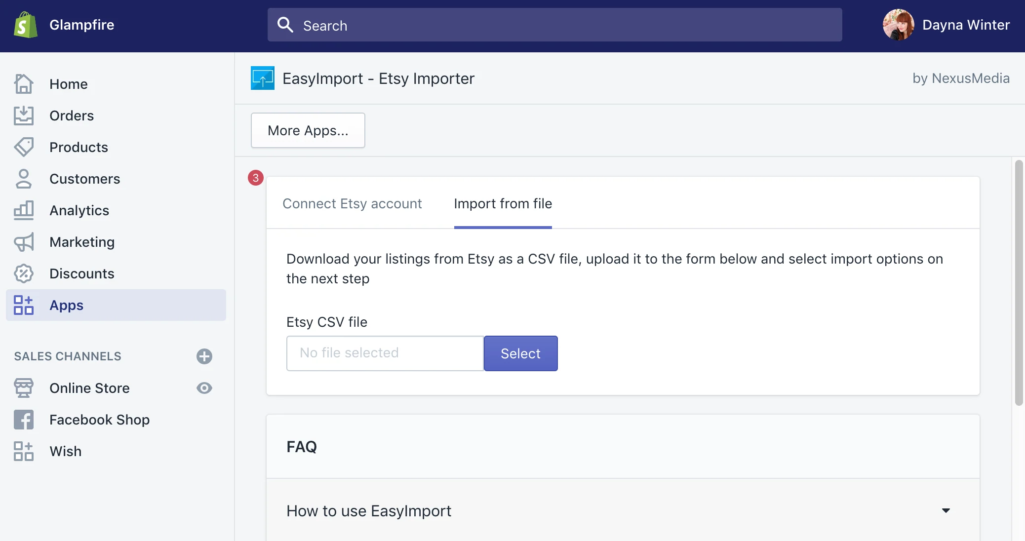 Tela de administração da Shopify: aplicativo Easy Import Etsy Migration