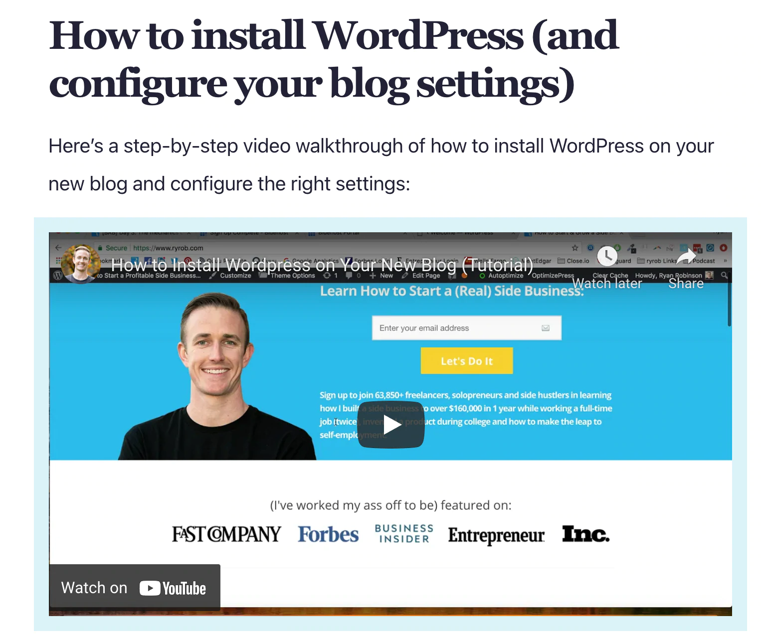 Esempio del marketer di affiliazione di YouTube, Ryan Robinson, che crea un video su come installare i plugin del blog wordpress