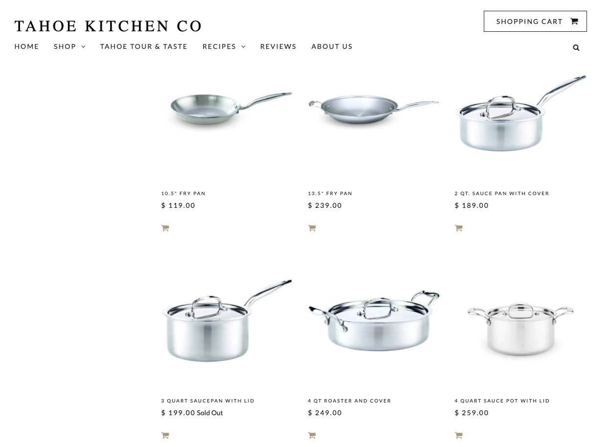 Una imagen del inventario de ollas y sartenes de Tahoe Kitchen Co, que muestra que usan precios extraños incluso psicológicos en algunos productos.