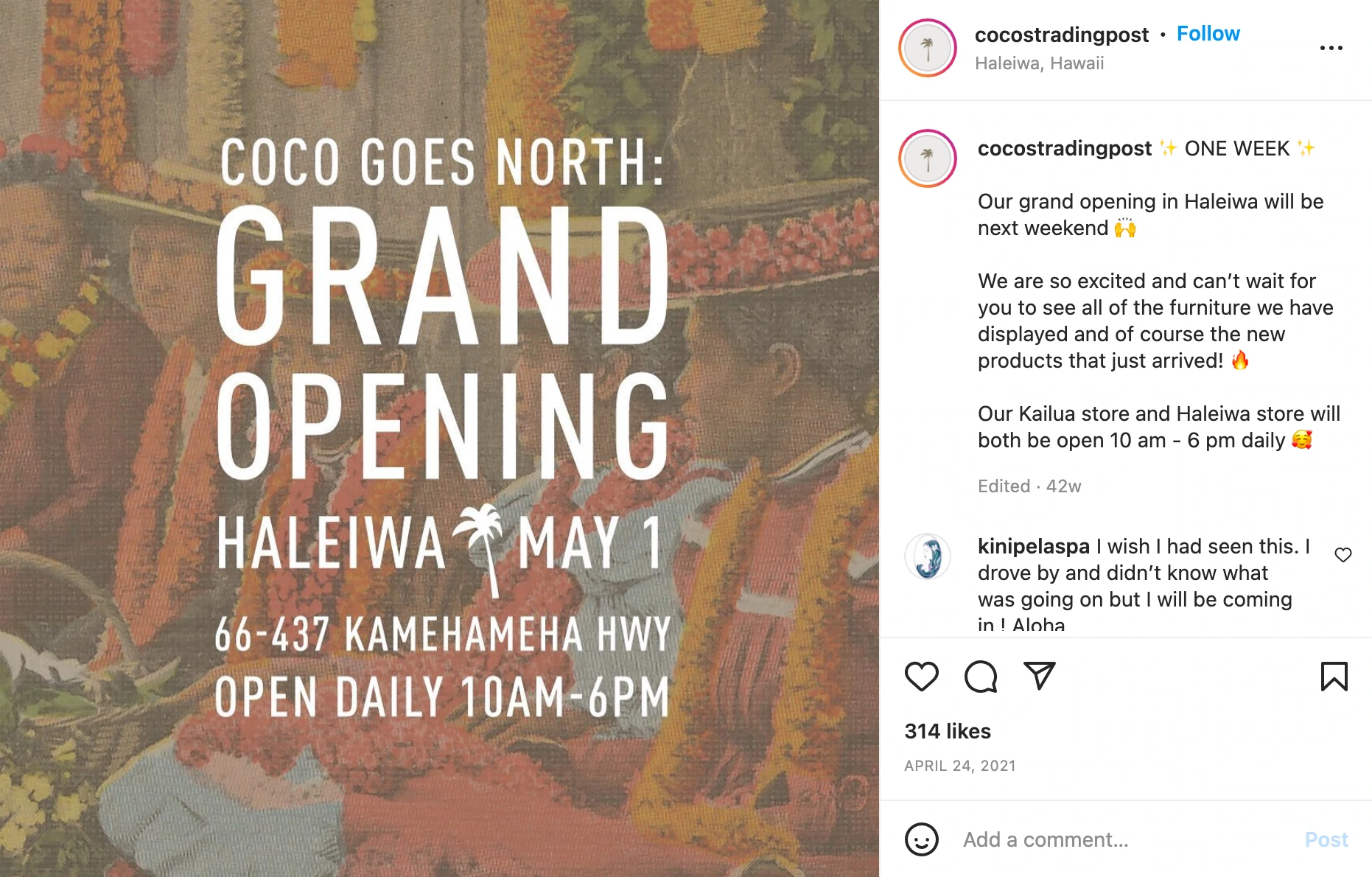 Captura de tela de uma postagem no instagram do Coco's Trading Post em contagem regressiva para sua grande inauguração