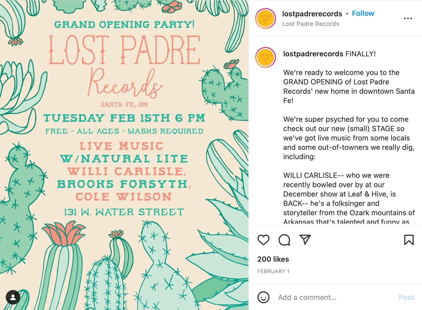 Captura de tela de uma postagem no instagram de Lost Padre registra anunciando um grande evento de inauguração