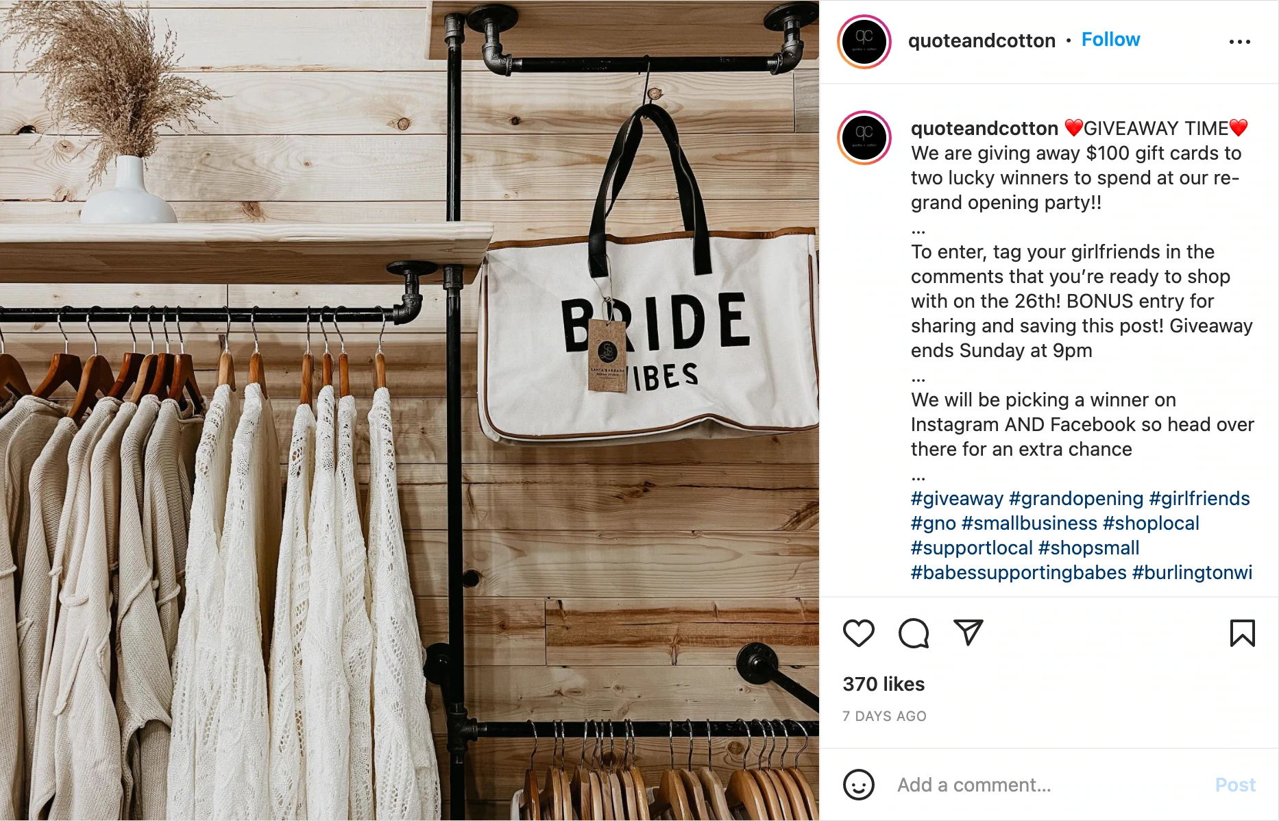 Postagem no Instagram da Quote & Cotton anunciando o conteúdo da grande reabertura da loja