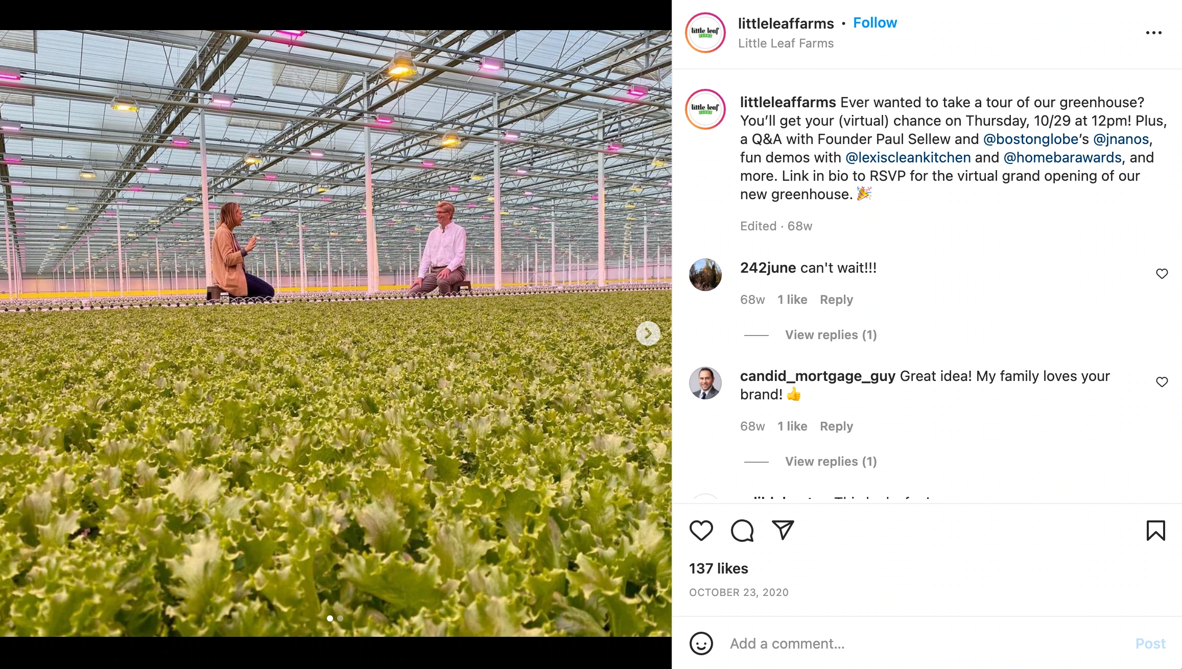 Post no Instagram para anunciar o tour virtual do Little Leaf em comemoração à sua grande inauguração