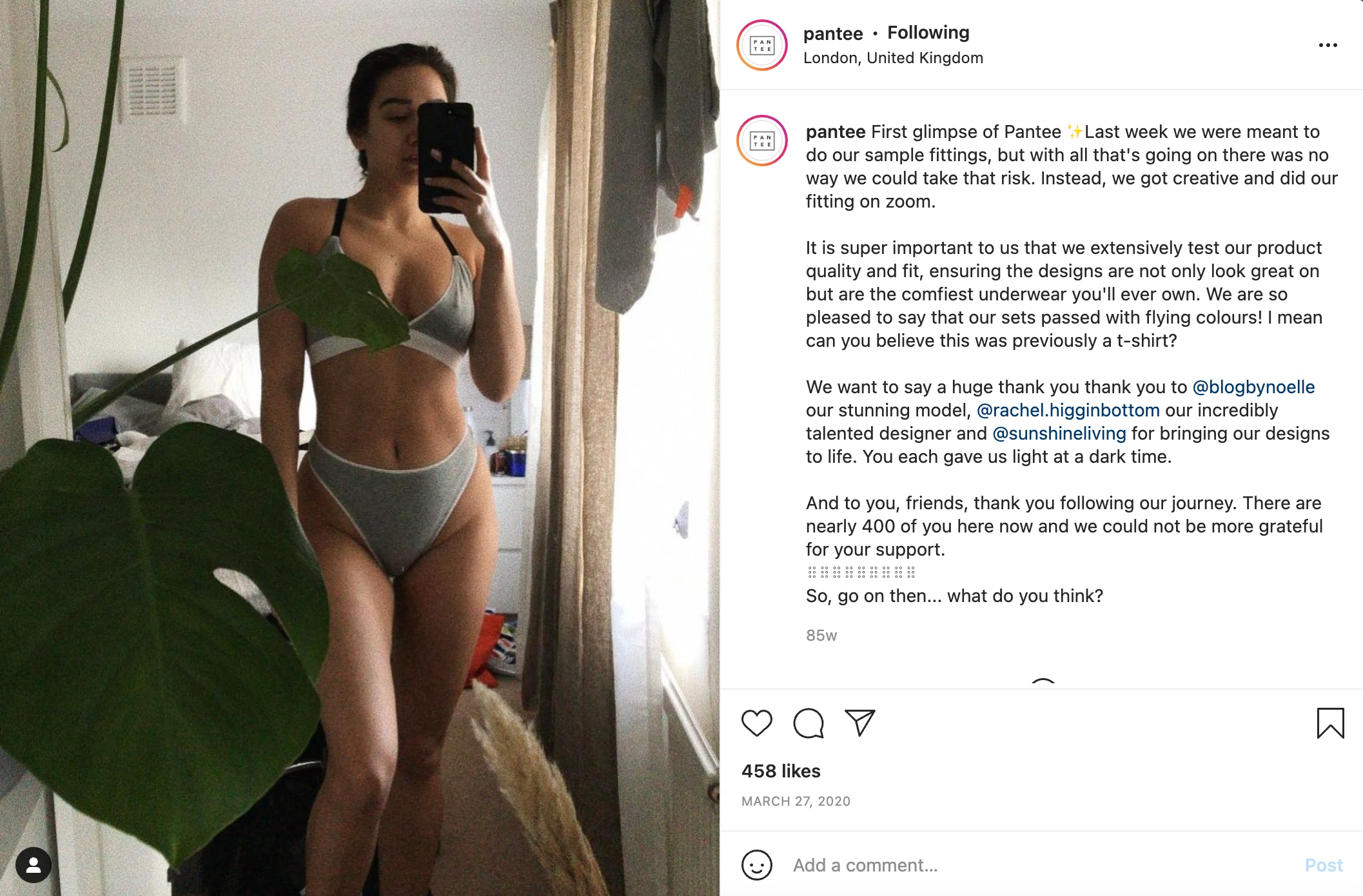 Un premier post Instagram de Pantee qui montre un premier aperçu du produit sur une femme prenant un selfie miroir.