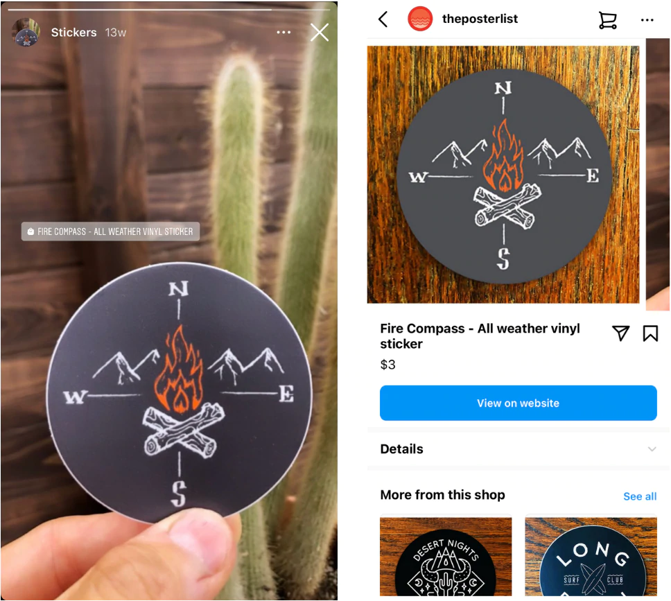 Une histoire Instagram montre un autocollant de boussole devant un cactus. À côté, l'autocollant disponible à l'achat sur Instagram