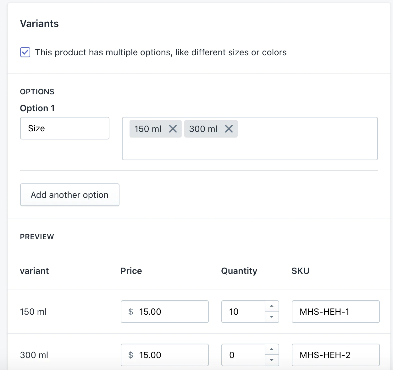 variantes de produtos no shopify