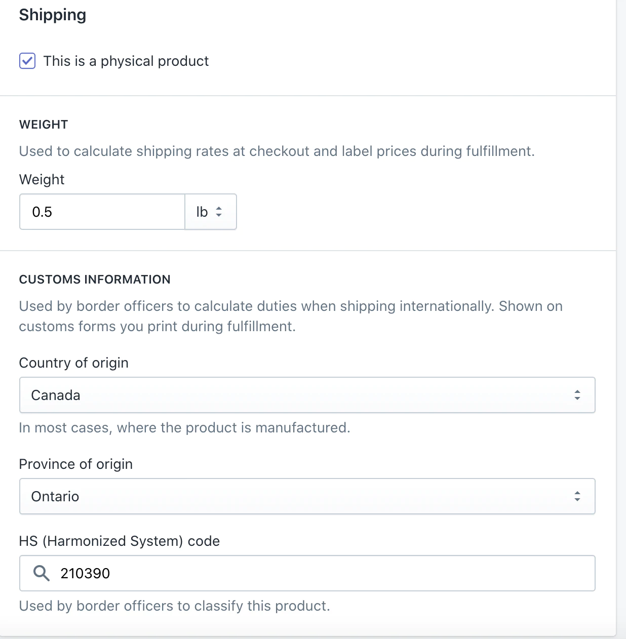 exemplo de informações de envio em uma página de produto da shopify