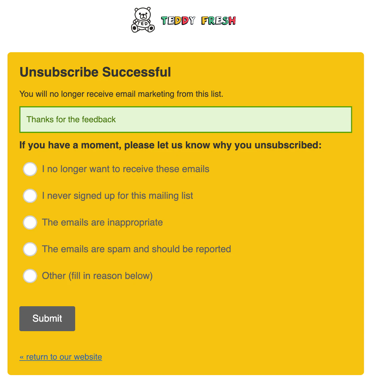 เท็ดดี้เฟรช Unsubscribe Screen