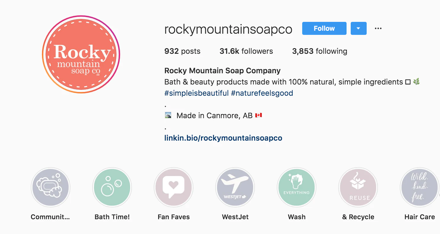 Bio di Instagram di Rocky Mountain Soap Company