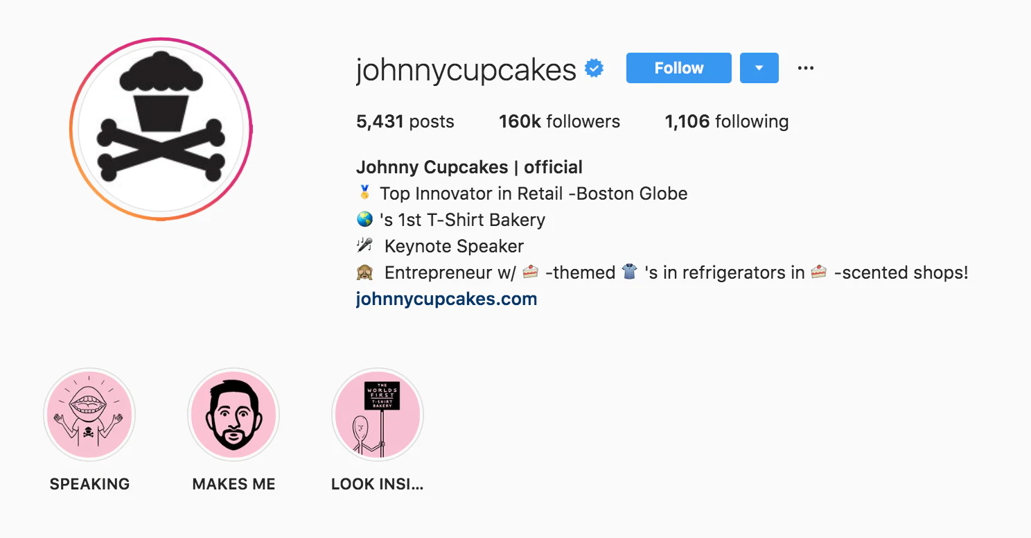 Biografia Instagram di Johnny Cupcakes