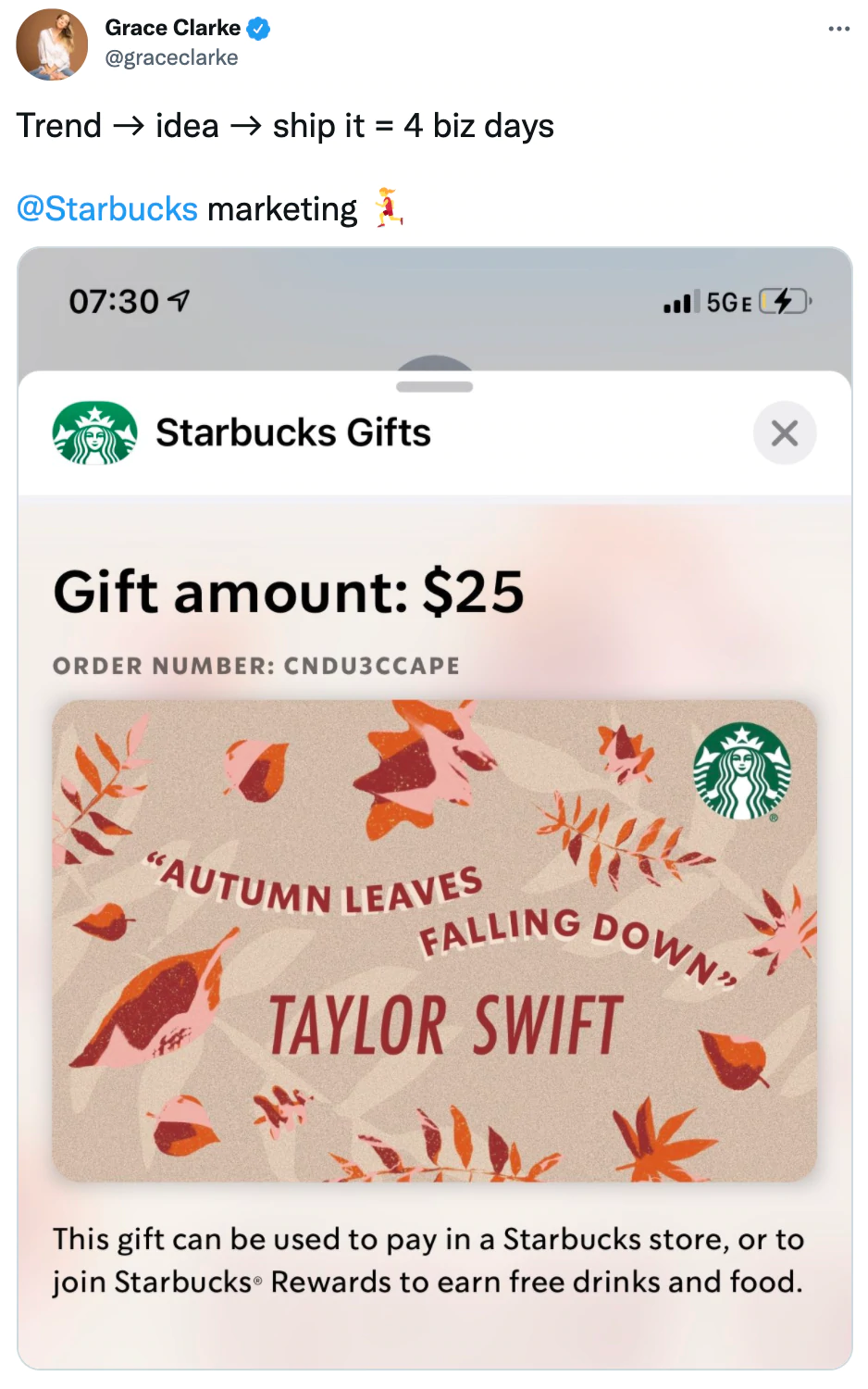 Die zu verwendende Marketingidee besteht darin, das Design von Geschenkkarten wie in diesem Beispiel von Starbucks mit Texten von Taylor Swift zu übertreffen