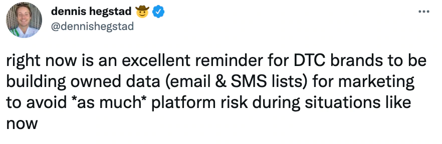 Ein DTC VC, Dennis Hegstad, twittert über die Bedeutung des Aufbaus einer eigenen E-Mail- oder SMS-Liste für Verkäufe und Rabatte