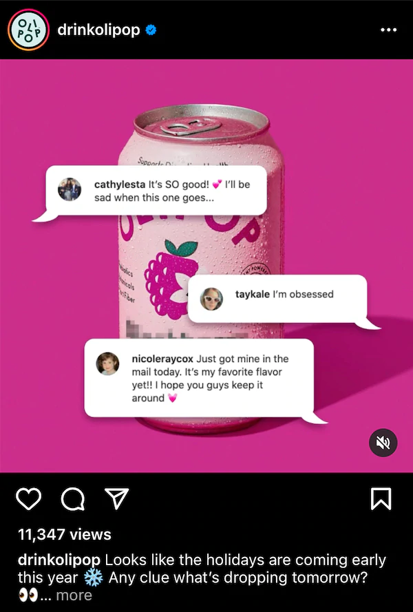 تُظهر إحدى مشاركات Instagram تعليقات العملاء موضوعة فوق علبة غير واضحة من Olipop