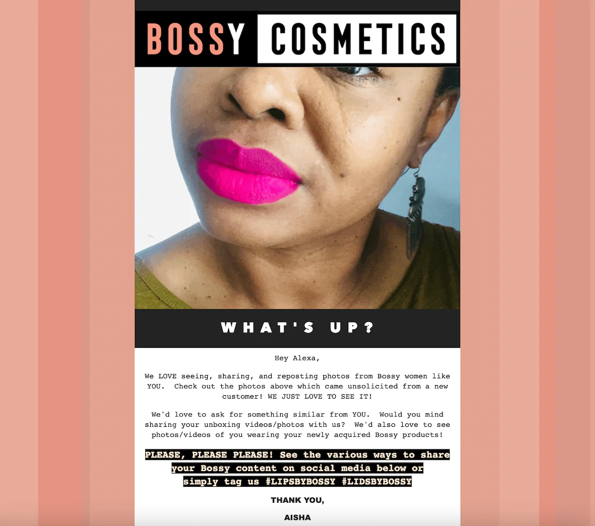 Um e-mail da Bossy Cosmetics solicitando conteúdo gerado pelo usuário