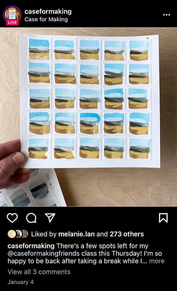 Uma pessoa segura uma aquarela contra um fundo cinza nesta postagem do Instagram