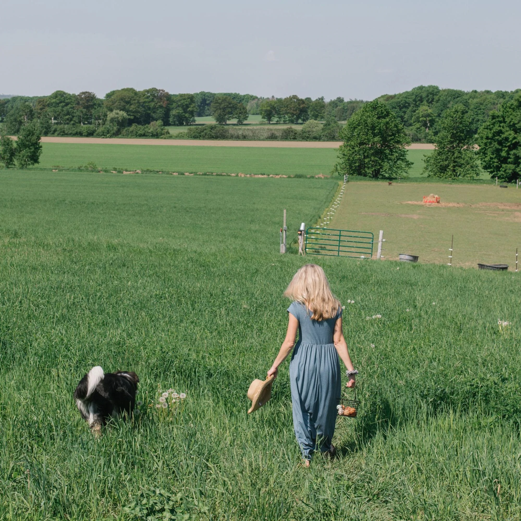 Ein Model zusammen mit einem Hund auf einem Feld, das ein blaues Kleid von Buttercream Clothing trägt.