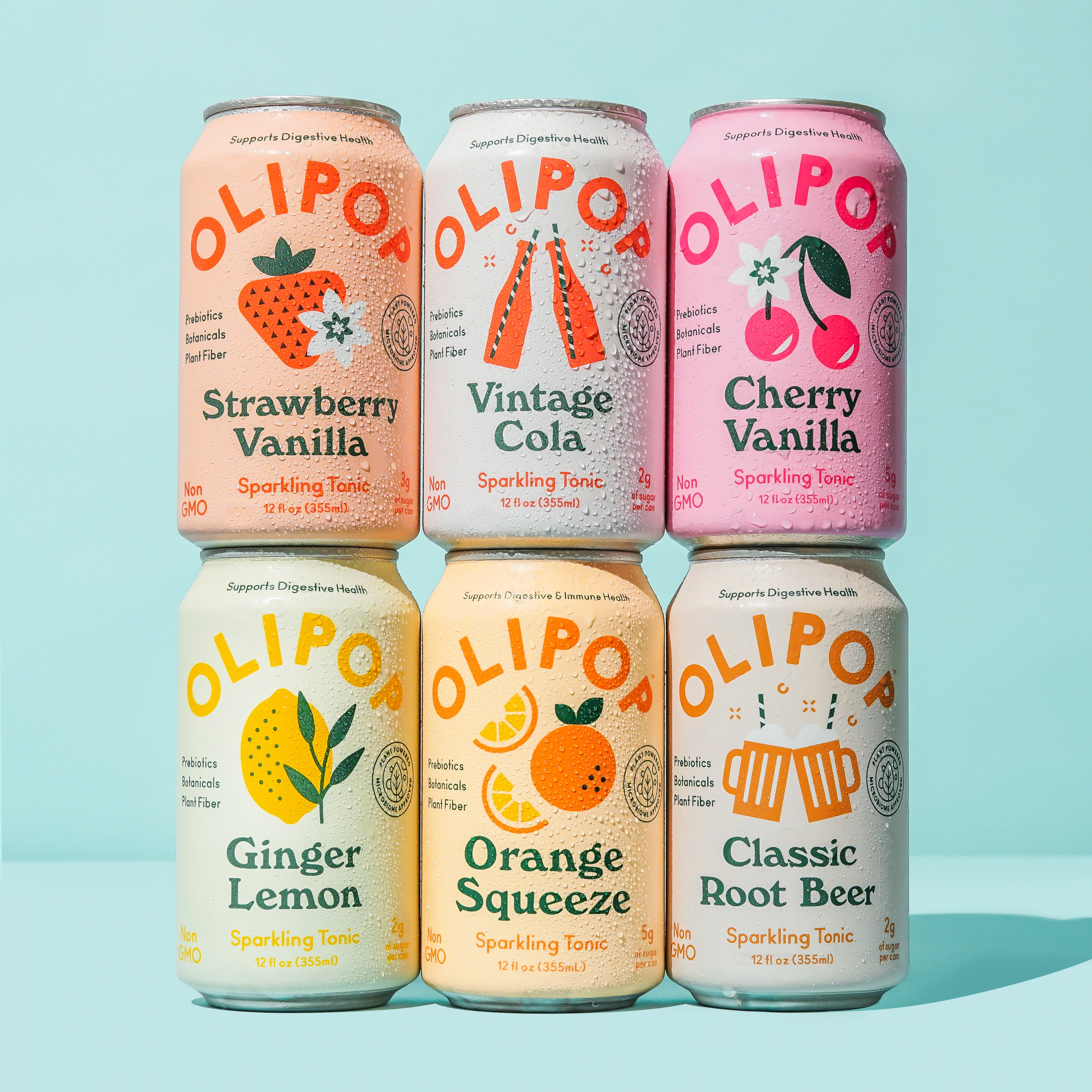 Six cans of Olipop stacked in two rows of three backdropped by a turquoise background