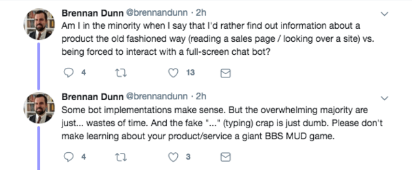 Tweet di Brennan Dunn sul marketing conversazionale