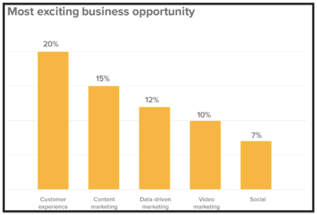 Grafic care arată experiența clienților, marketingul de conținut, marketingul bazat pe date, marketingul video și rețelele sociale ca oportunități de afaceri interesante
