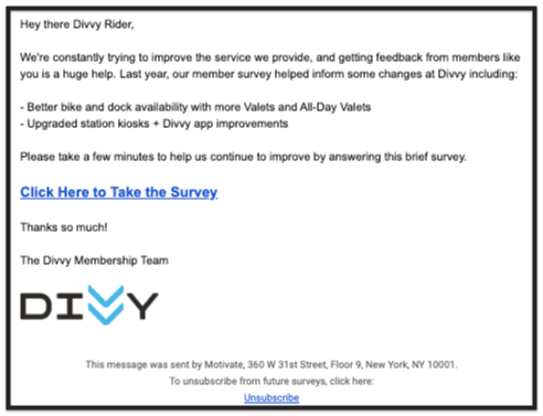 Exemple de conception de newsletter par e-mail Divvy Chicago Bike Share pour obtenir des commentaires