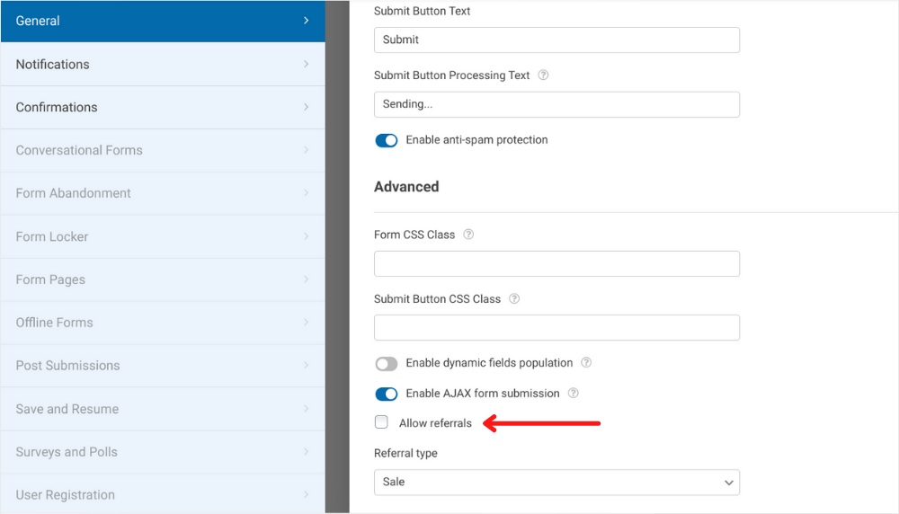 Allow Referrals on WPForms