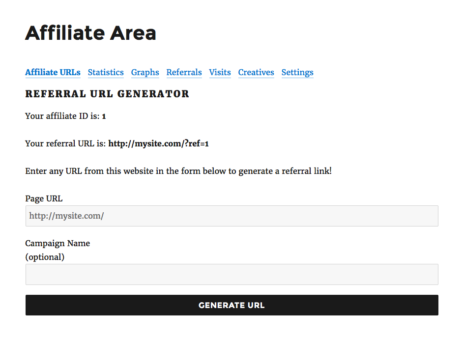 The default Affiliate Area links with the TwentySixteen theme