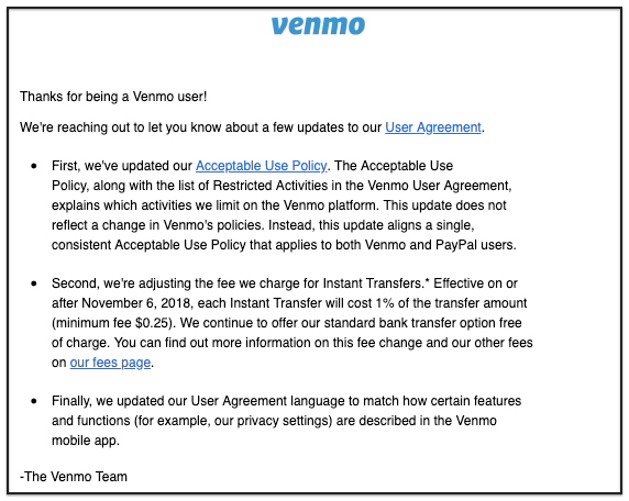 อีเมลออกอากาศการอัปเดตบริการ Venmo