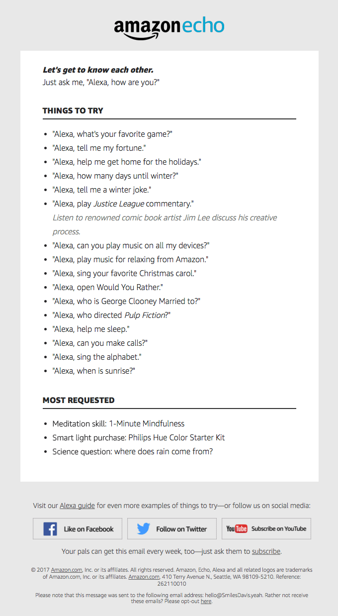 อีเมลต้อนรับของ Amazon Echo
