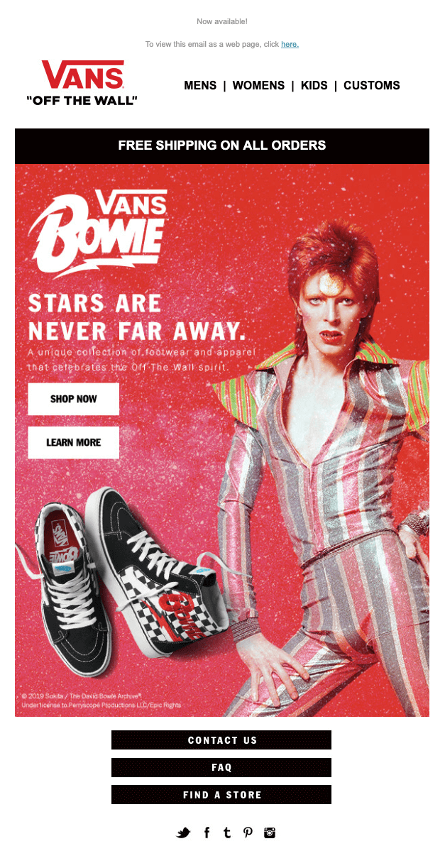 Bowie Vans 产品发布电子邮件