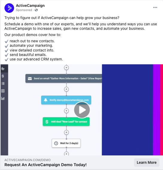 สกรีนช็อตของโฆษณาบน Facebook ที่สนับสนุนของ ActiveCampaign