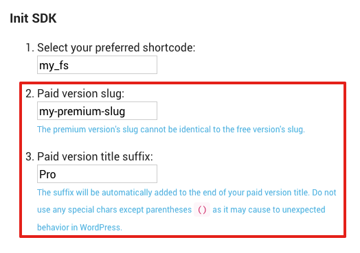 Freemius 대시보드 - 프리미엄 슬러그 및 접미사 사용자 정의