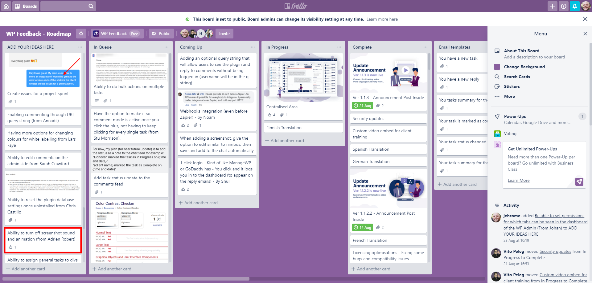 WP FeedBack Trello roadmap