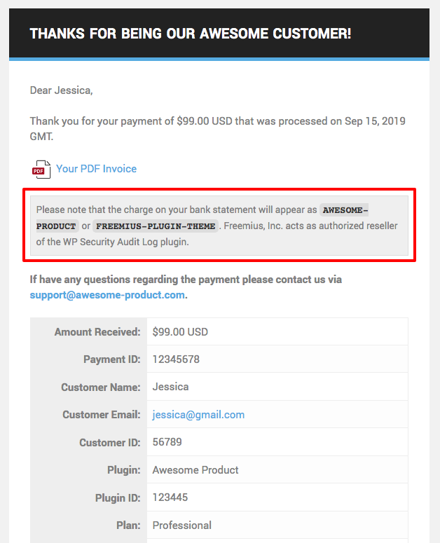 واصف بيان Freemius في رسائل البريد الإلكتروني لتأكيد شراء العميل